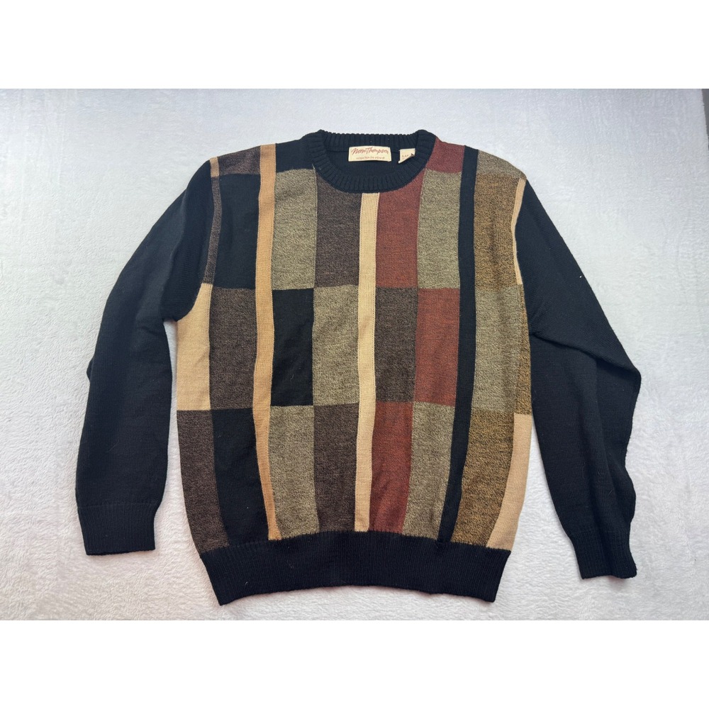 Norm Thompson Men Large Wool Blend Geometric Block Stripe Crewneck Sweater Black